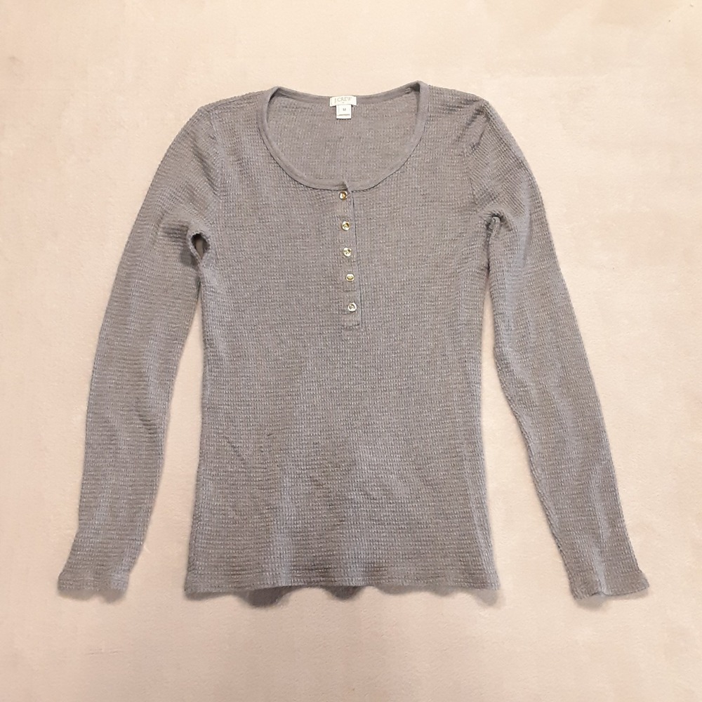 J.Crew Womens LS Waffle Knit Thermal Henley M Gray Cotton Gold Button Placket